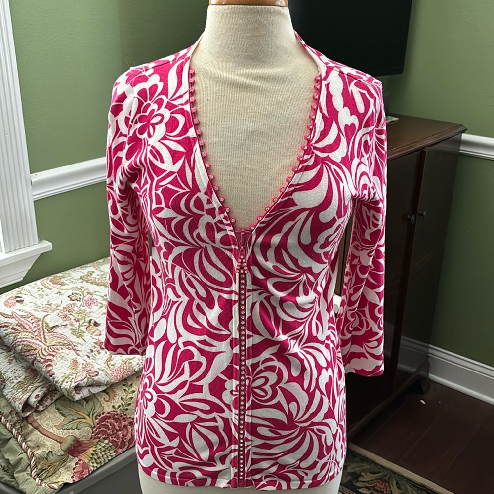 Fontana bejeweled fuschia white cardigan sz S